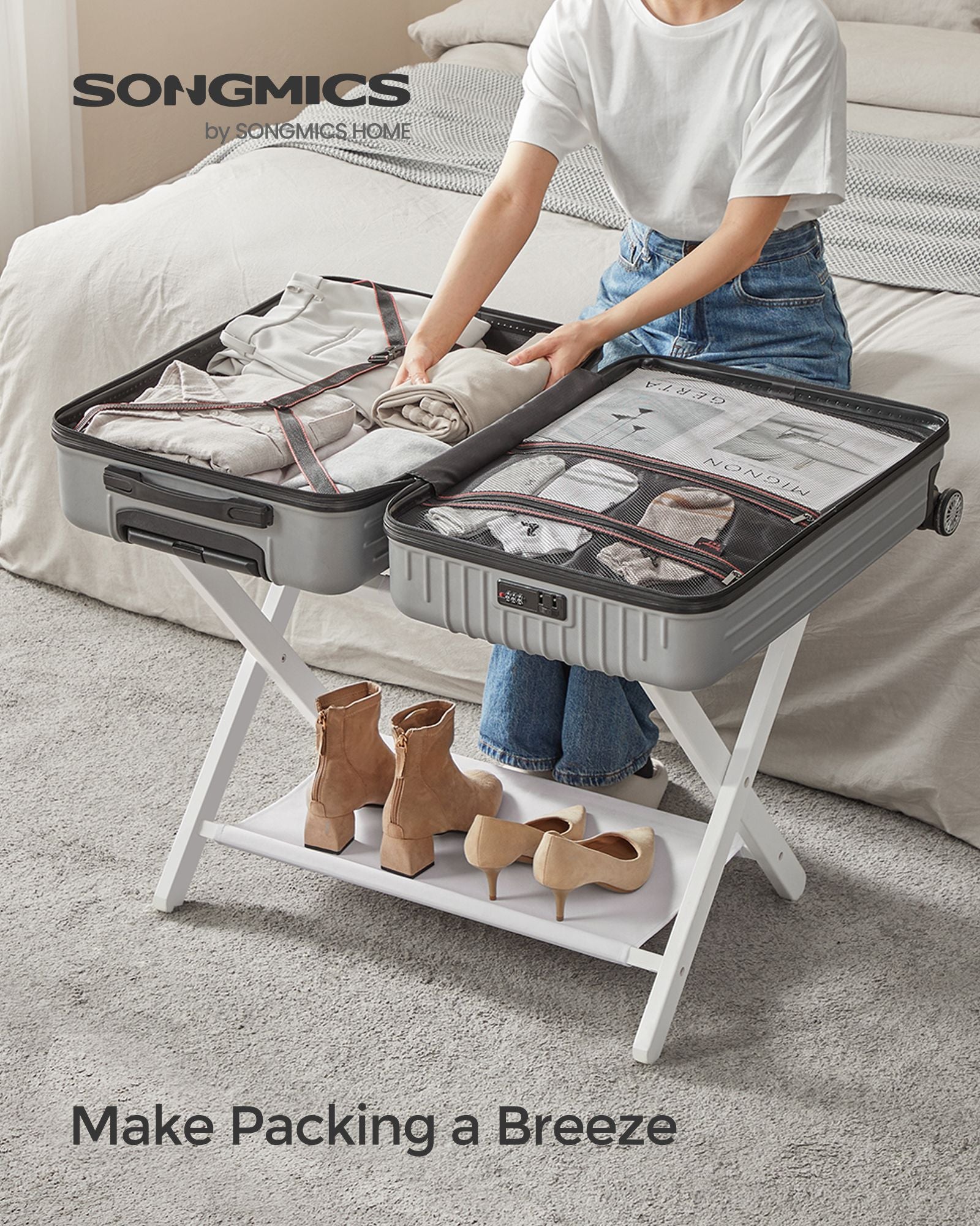 Folding Suitcase Stand with Storage Shelf - HWLEXTRA 