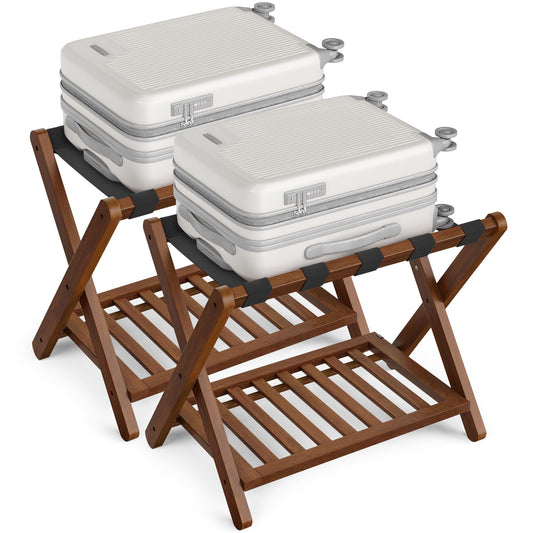 Solid Wood Luggage Racks, Set of 2, No Assembly Required, Foldable Suitcase Stand, Luggage Holder, with Storage Shelf, for Guest Room, Hotel, Bedroom, Coffee Brown