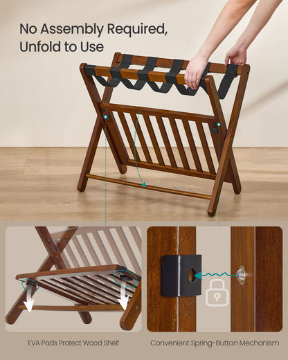 Solid Wood Luggage Racks, Set of 2, No Assembly Required, Foldable Suitcase Stand, Luggage Holder, with Storage Shelf, for Guest Room, Hotel, Bedroom, Coffee Brown