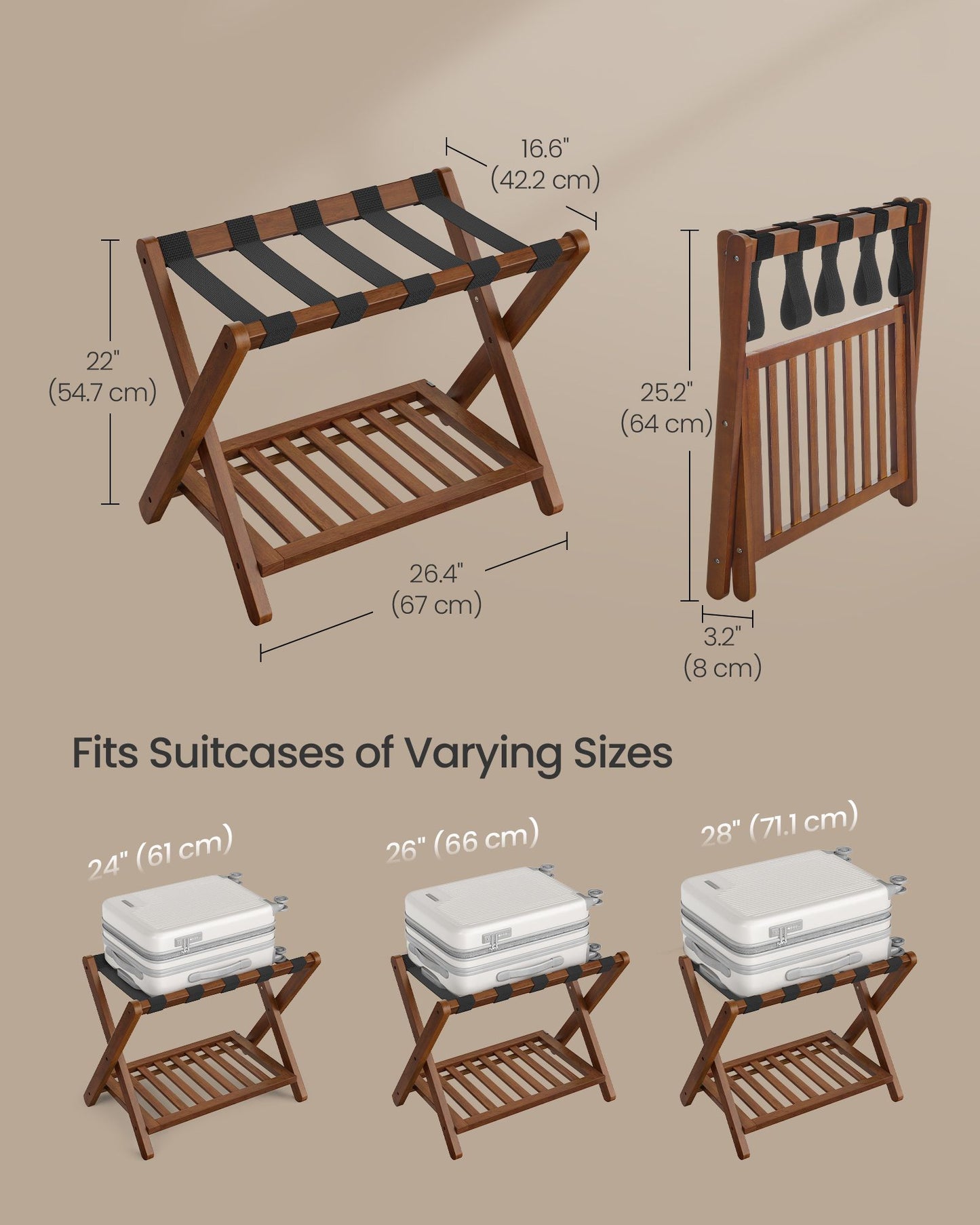 Solid Wood Luggage Racks, Set of 2, No Assembly Required, Foldable Suitcase Stand, Luggage Holder, with Storage Shelf, for Guest Room, Hotel, Bedroom, Coffee Brown