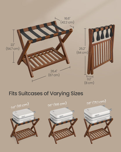 Solid Wood Luggage Racks, Set of 2, No Assembly Required, Foldable Suitcase Stand, Luggage Holder, with Storage Shelf, for Guest Room, Hotel, Bedroom, Coffee Brown