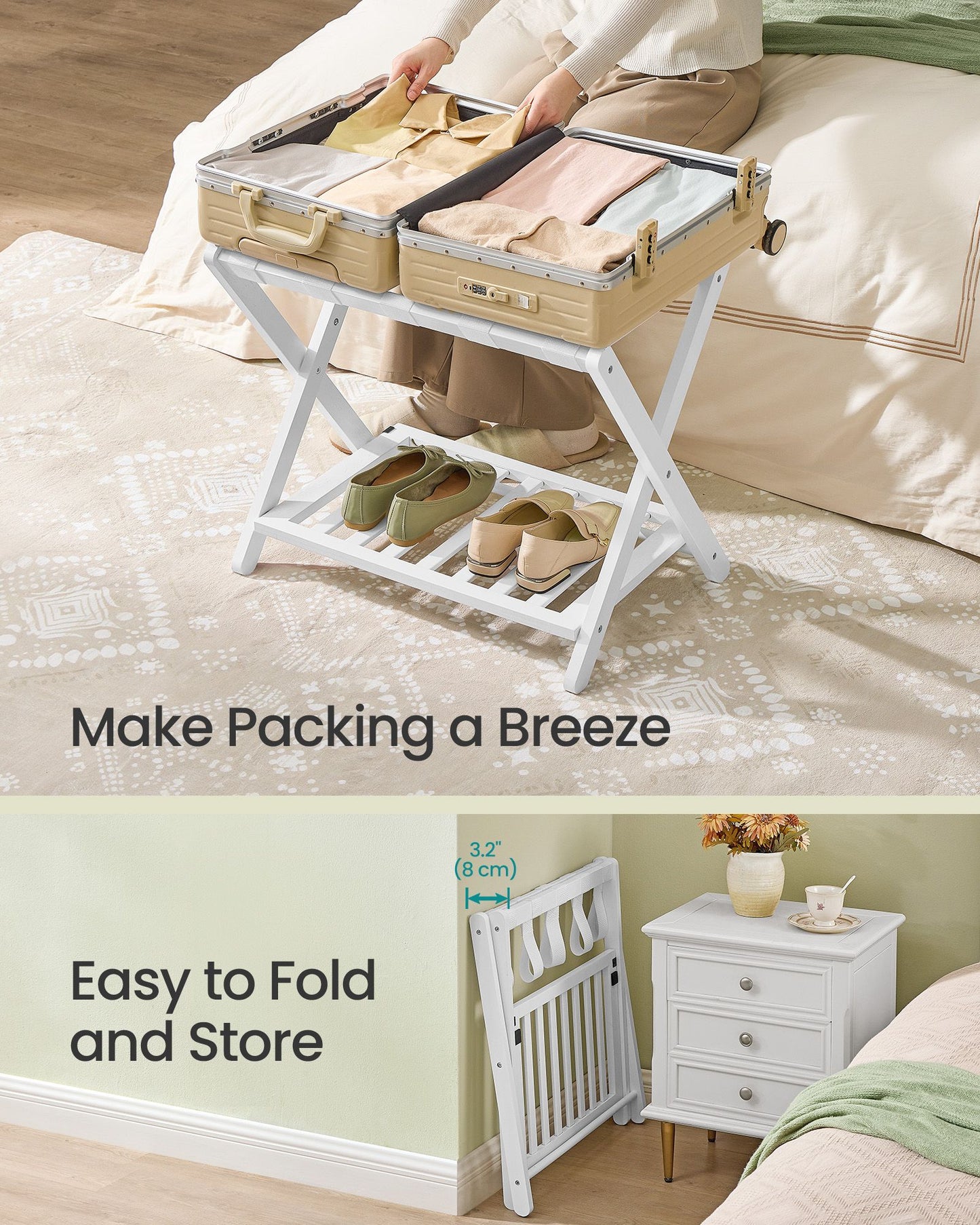 Solid Wood Luggage Racks, Set of 2, No Assembly Required, Foldable Suitcase Stand, Luggage Holder