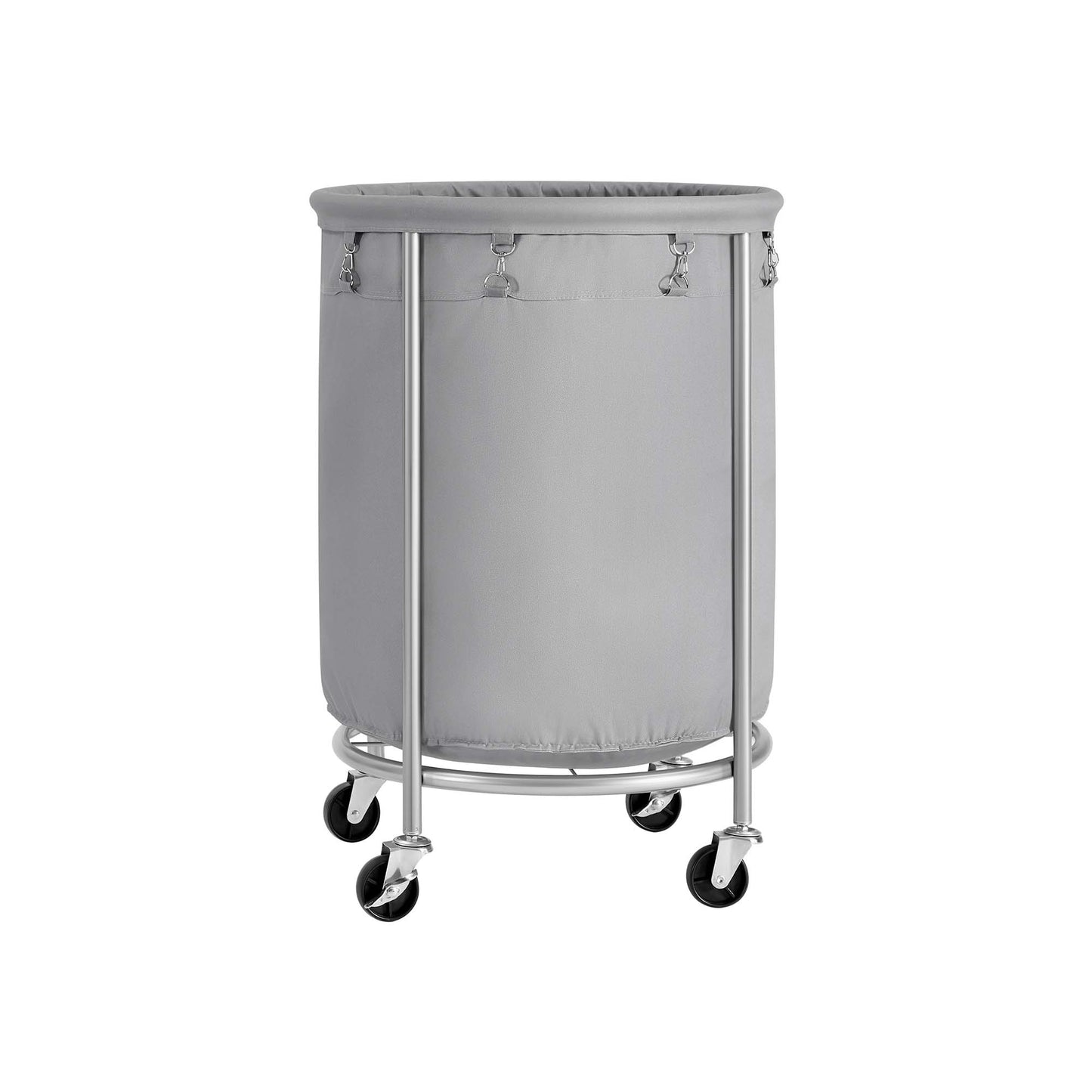 Laundry Basket with Wheels, Rolling Laundry Hamper, Round Laundry Cart with Steel Frame and Removable Bag, 4 Casters and 2 Brakes, Gray and Silver