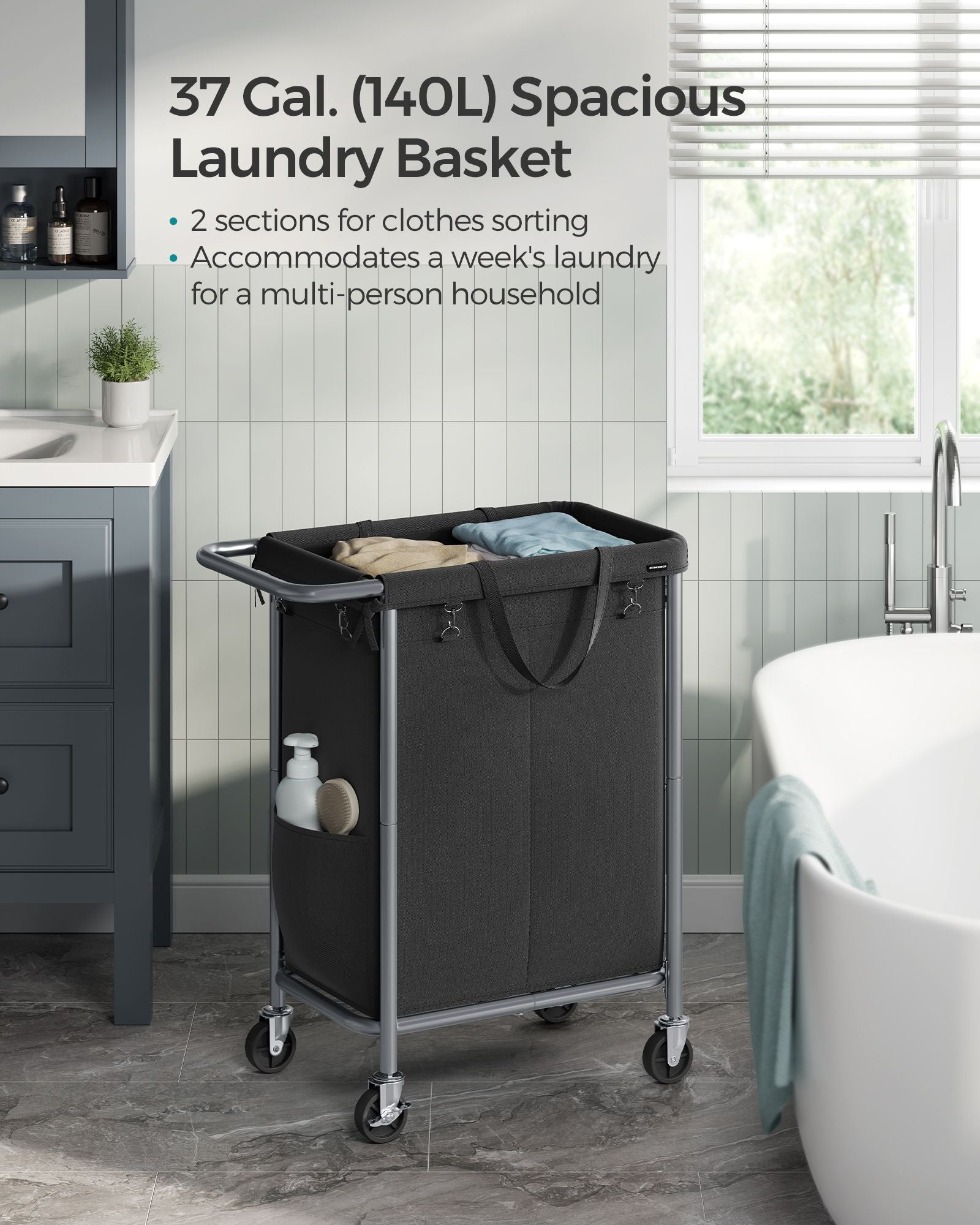 2-Section Laundry Basket with Wheels, 37 Gallons (140L) - HWLEXTRA 
