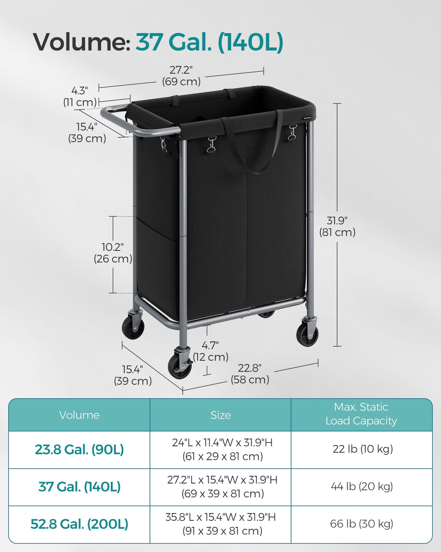 2-Section Laundry Basket with Wheels, 37 Gallons (140L) - HWLEXTRA 