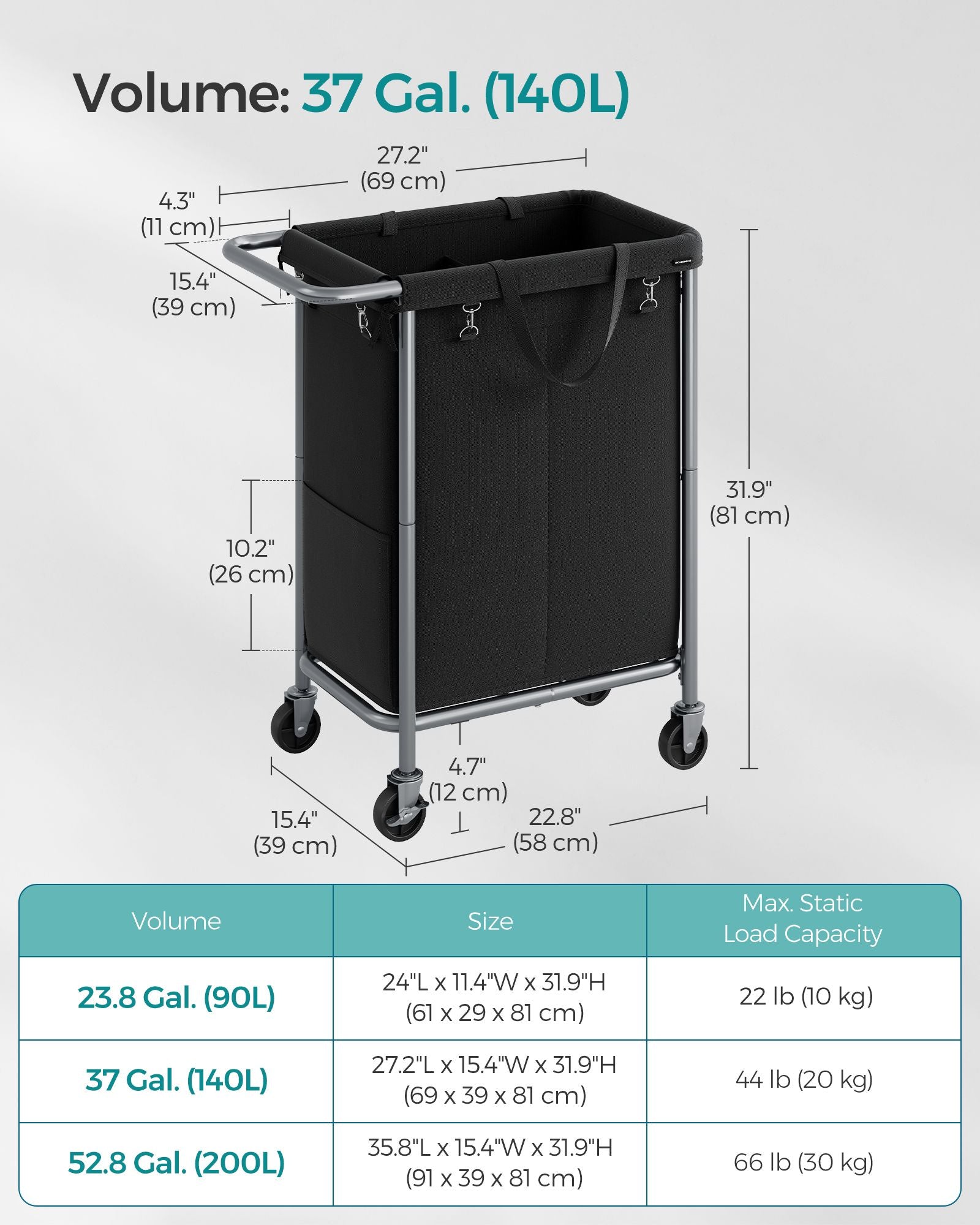 2-Section Laundry Basket with Wheels, 37 Gallons (140L) - HWLEXTRA 
