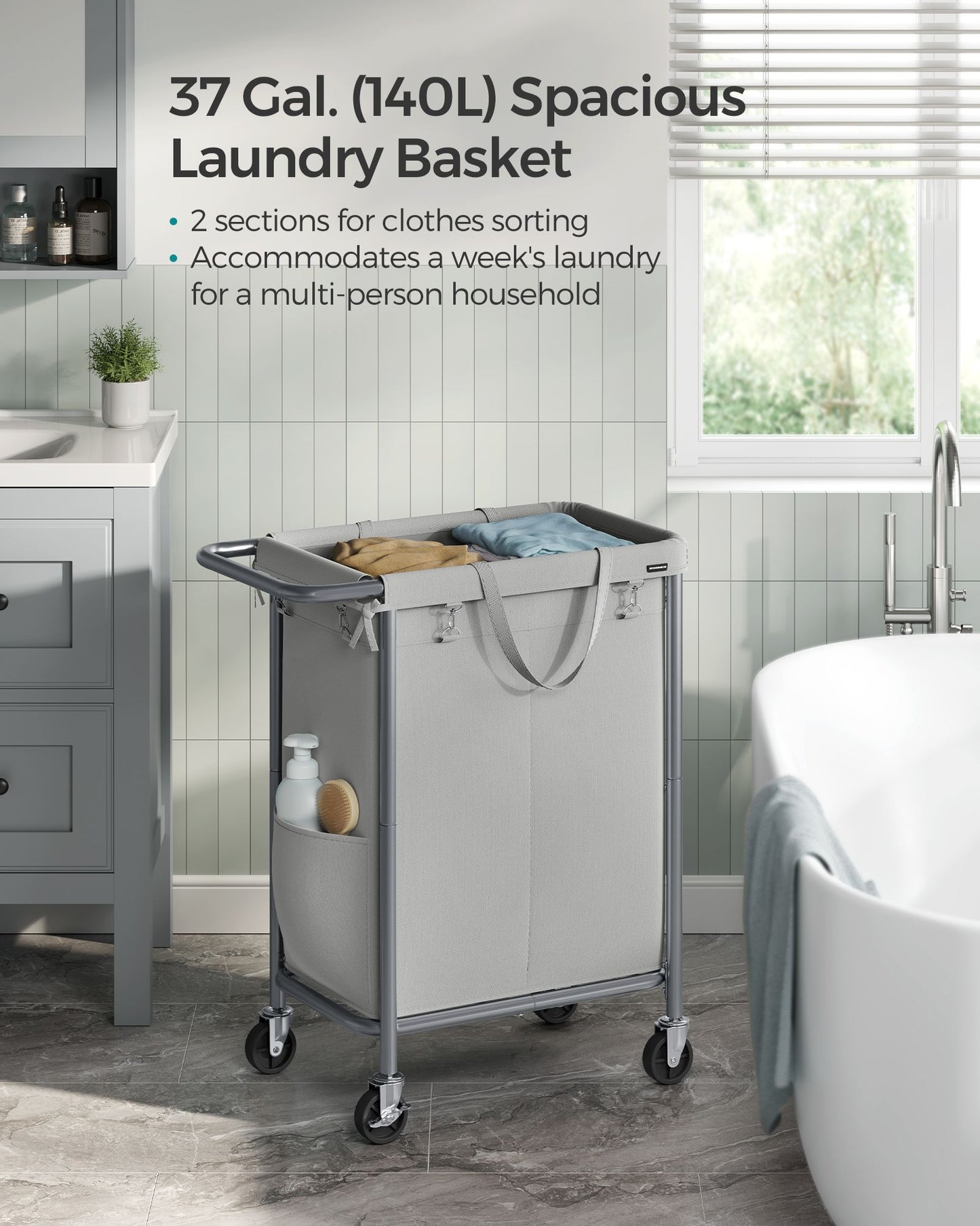 2-Section Laundry Basket with Wheels, 37 Gallons (140L) - HWLEXTRA 