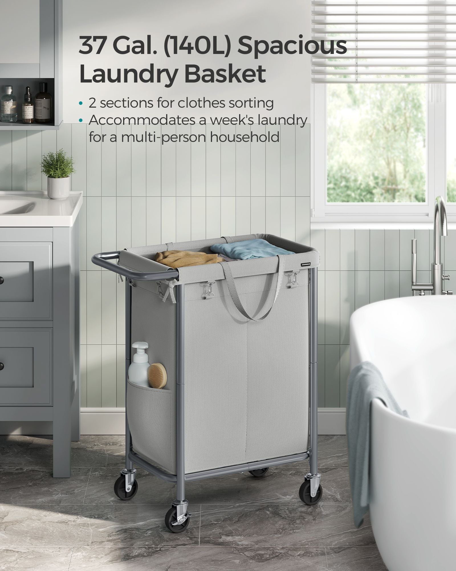 2-Section Laundry Basket with Wheels, 37 Gallons (140L) - HWLEXTRA 