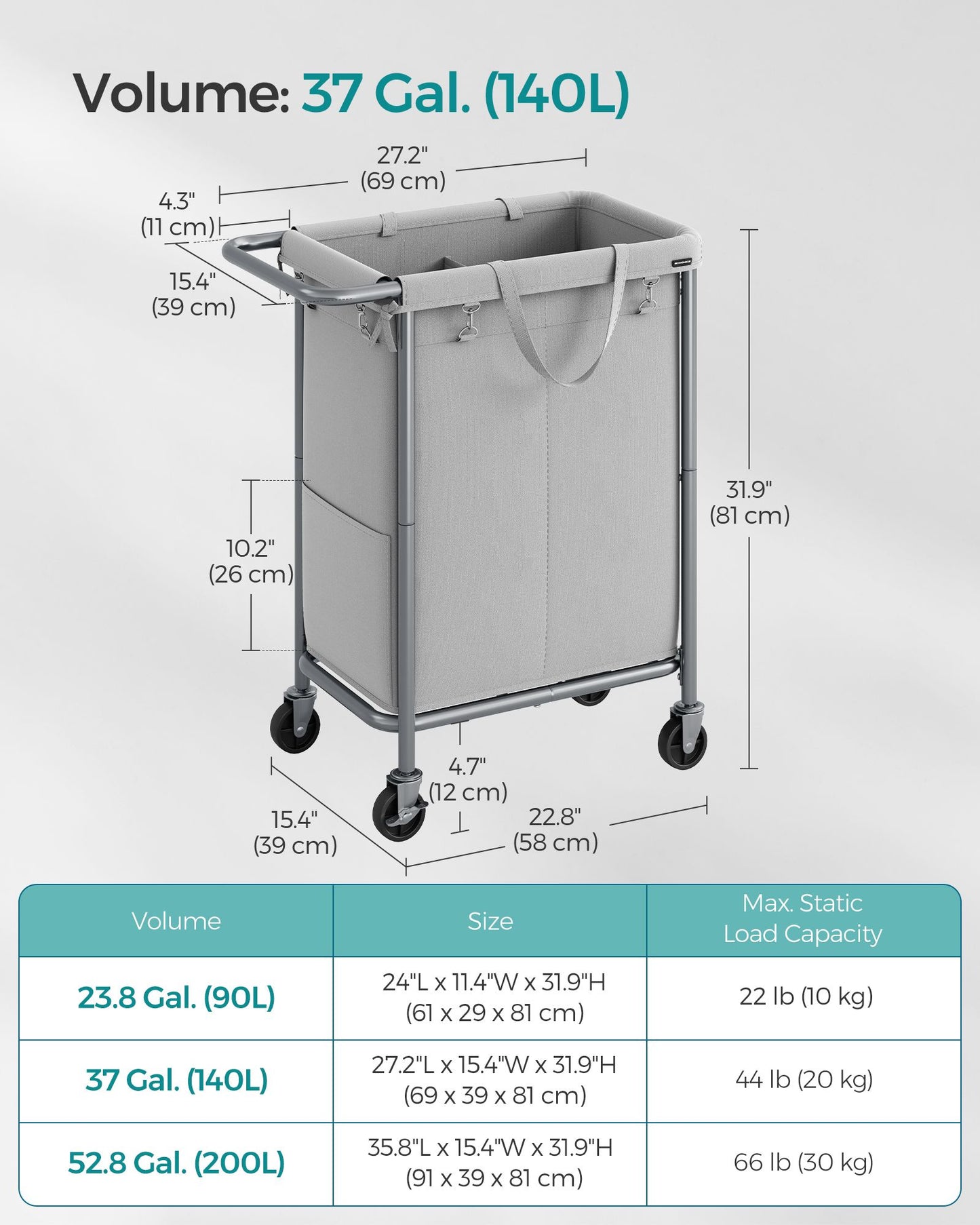 2-Section Laundry Basket with Wheels, 37 Gallons (140L) - HWLEXTRA 