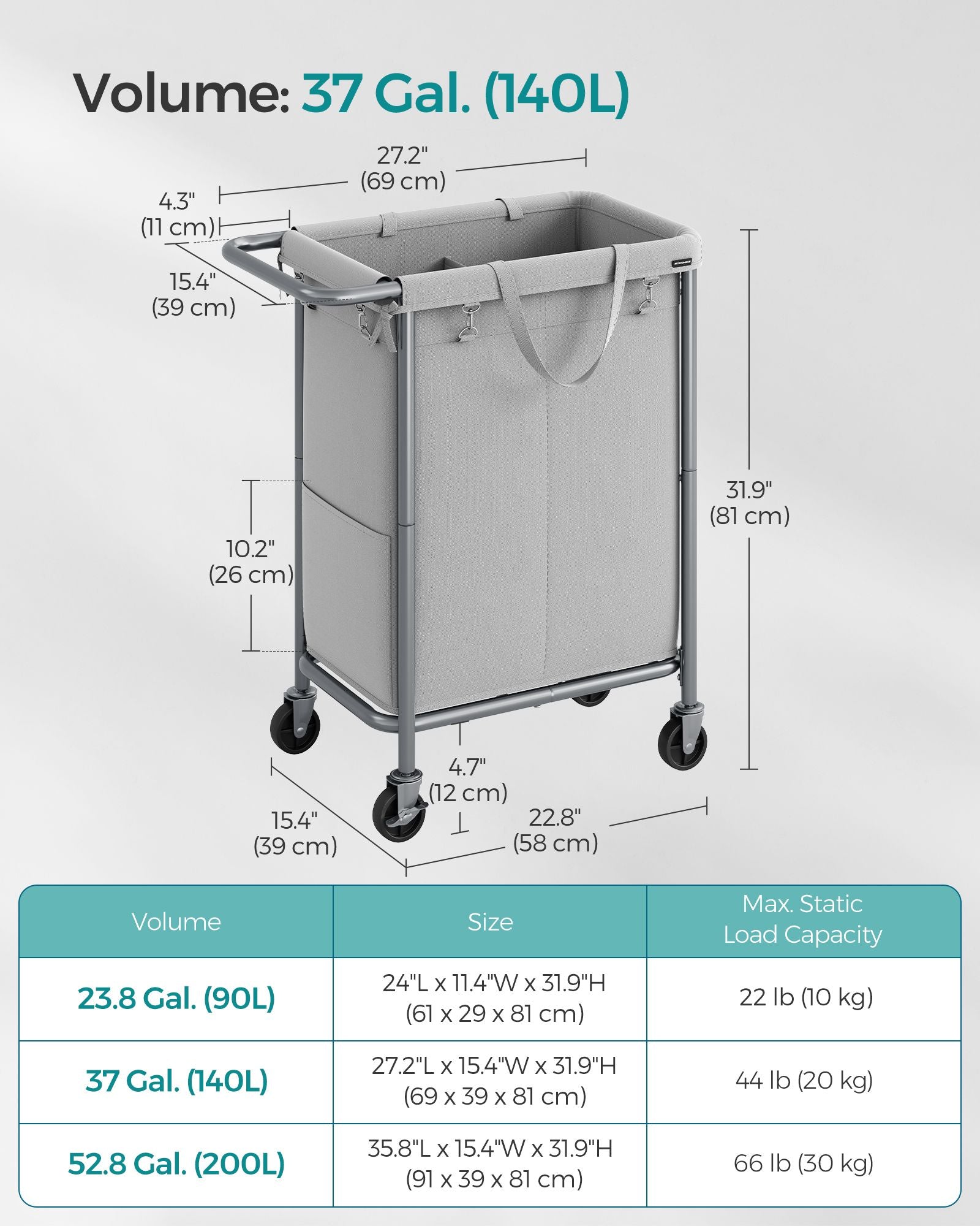 2-Section Laundry Basket with Wheels, 37 Gallons (140L) - HWLEXTRA 