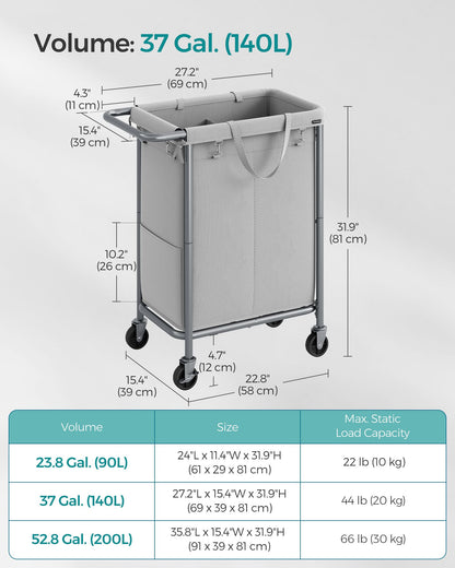 2-Section Laundry Basket with Wheels, 37 Gallons (140L) - HWLEXTRA 