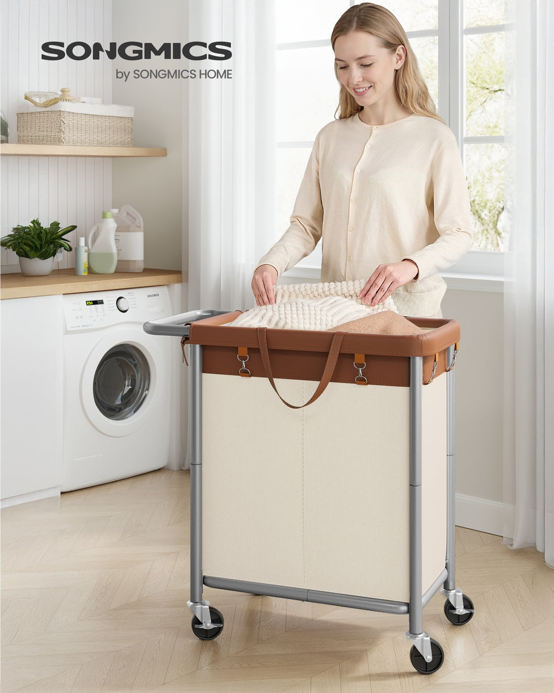 37 Gallons 2-Section Laundry Basket with Wheels with Removable Liner and Handle Cream White - image 23