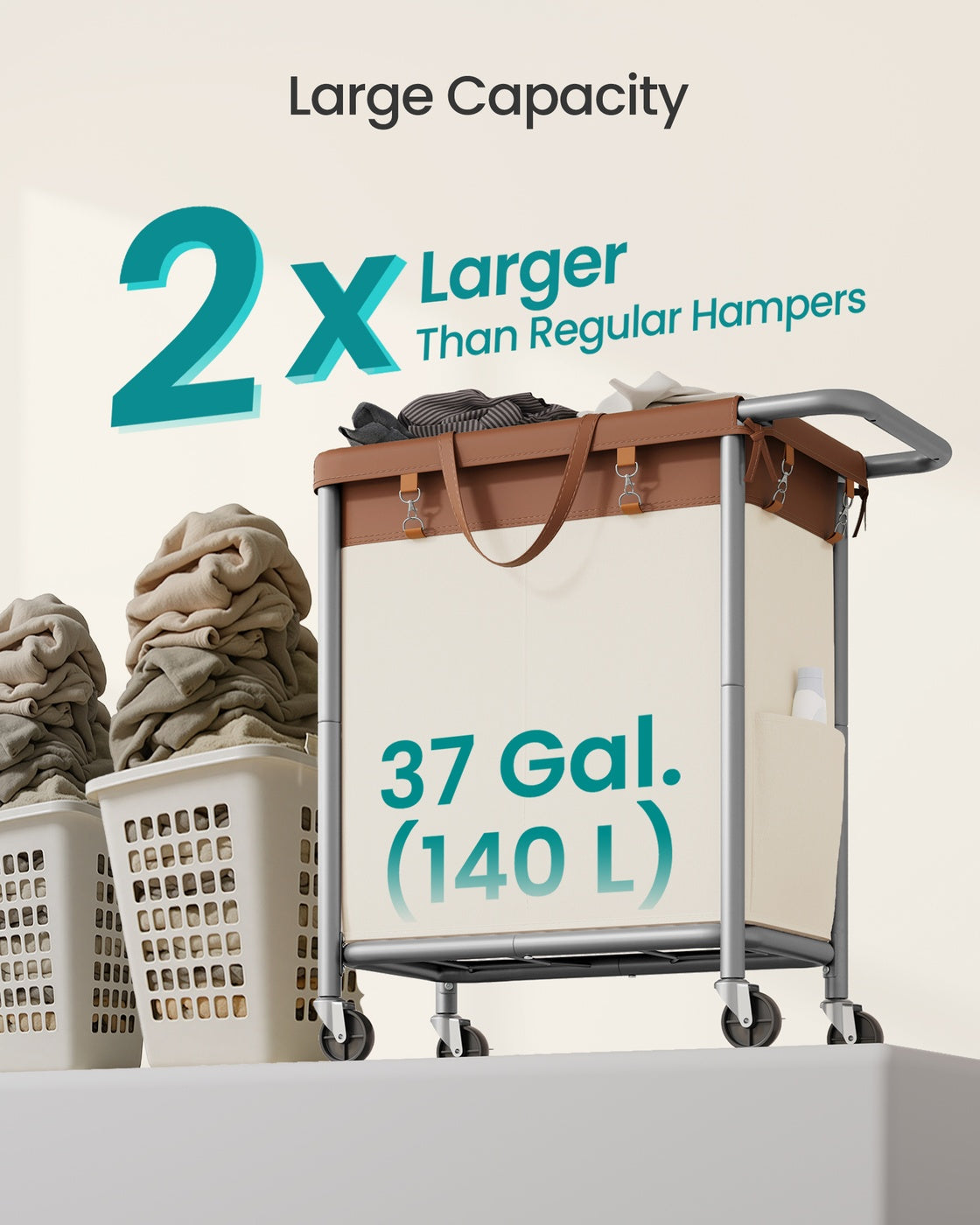 37 Gallons 2-Section Laundry Basket with Wheels with Removable Liner and Handle Cream White - image 24