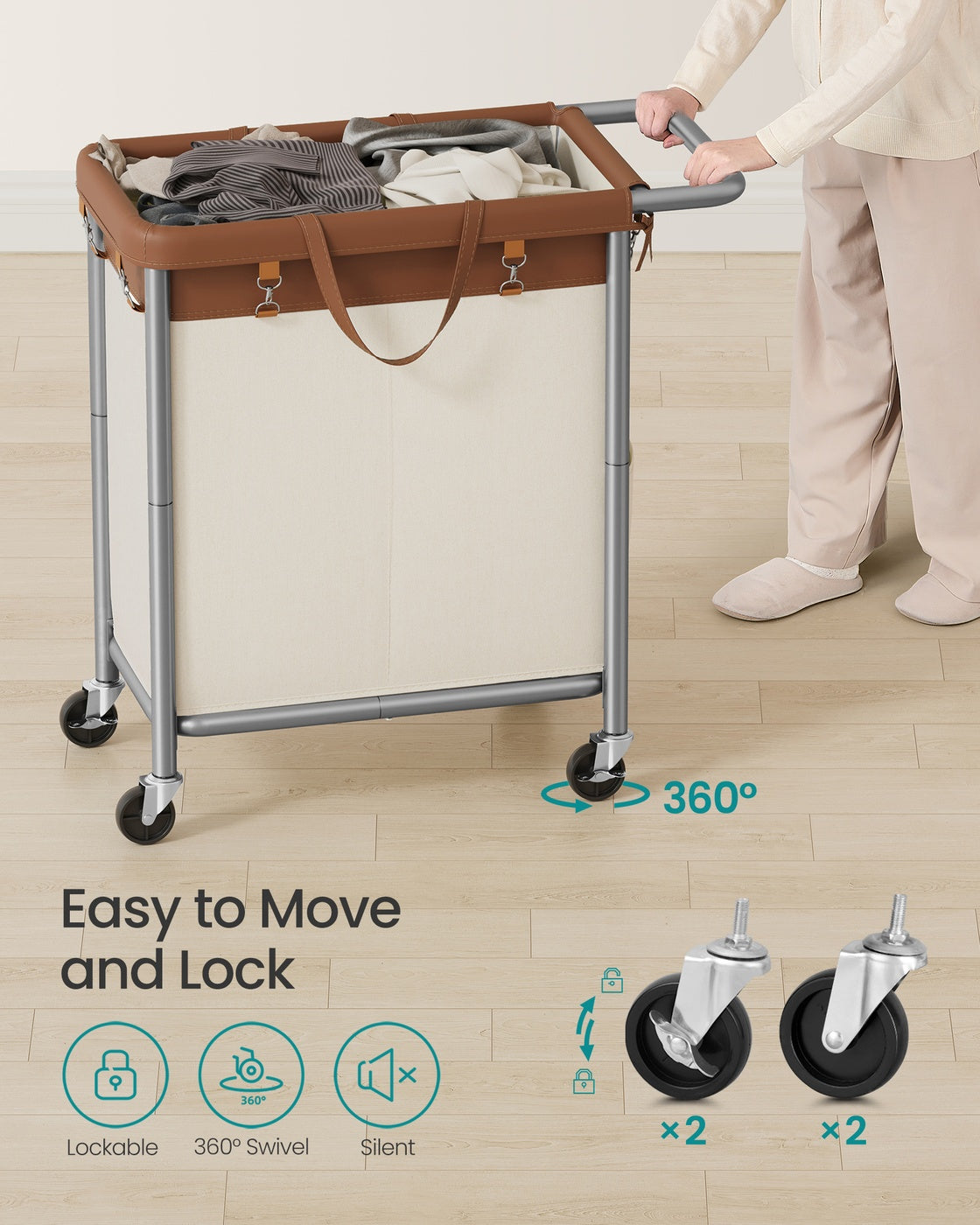 37 Gallons 2-Section Laundry Basket with Wheels with Removable Liner and Handle Cream White - image 26