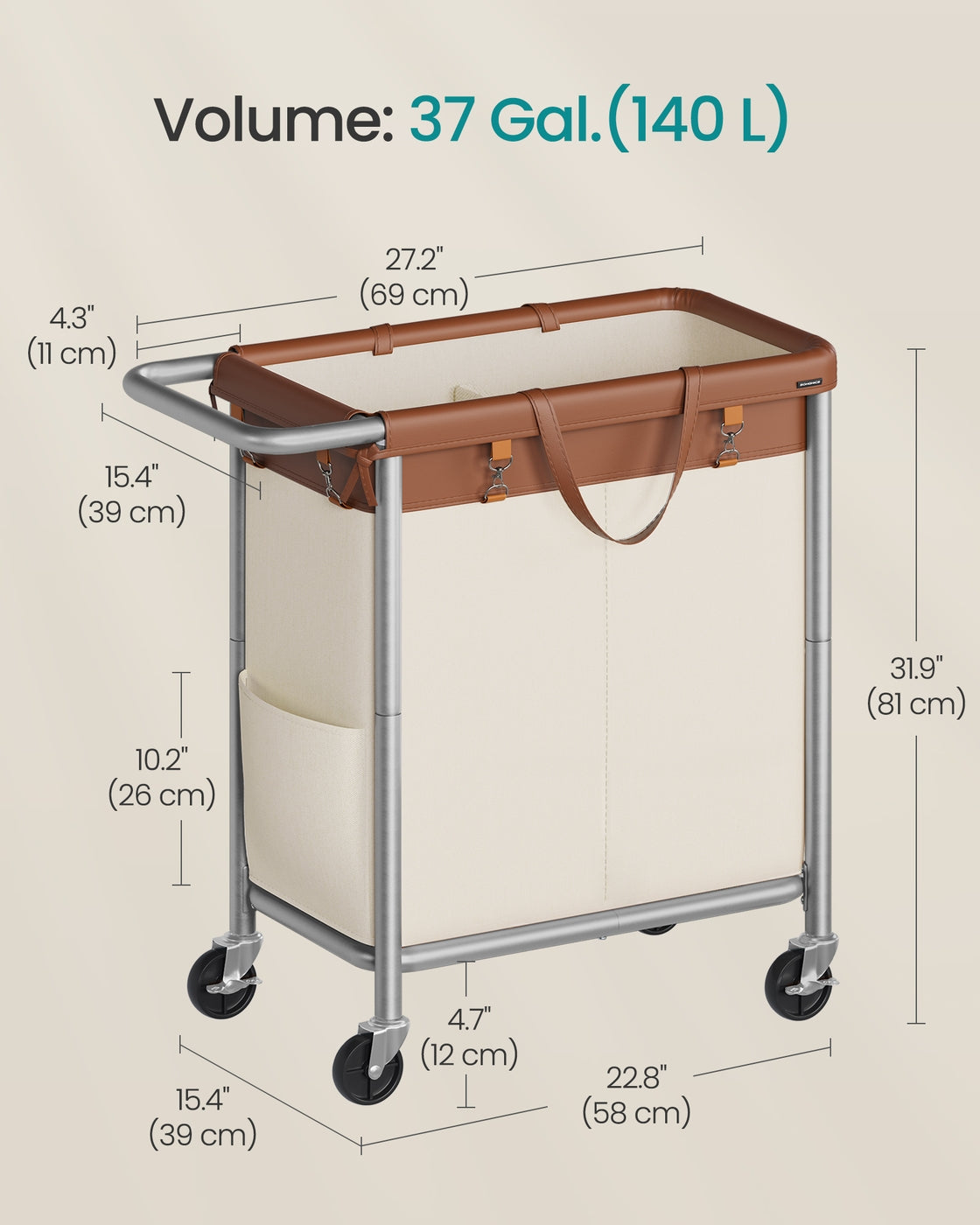 37 Gallons 2-Section Laundry Basket with Wheels with Removable Liner and Handle Cream White - image 28