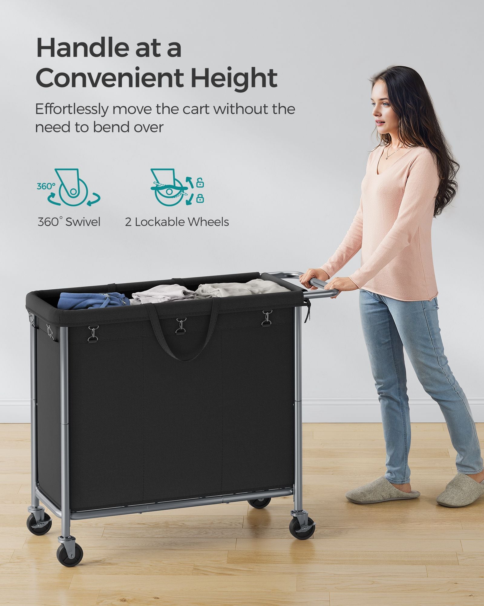 3-Section Laundry Basket with Wheels, 52.8 Gallons (200L) - HWLEXTRA 