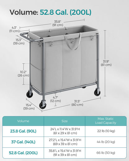 3-Section Laundry Basket with Wheels, 52.8 Gallons (200L) - HWLEXTRA 