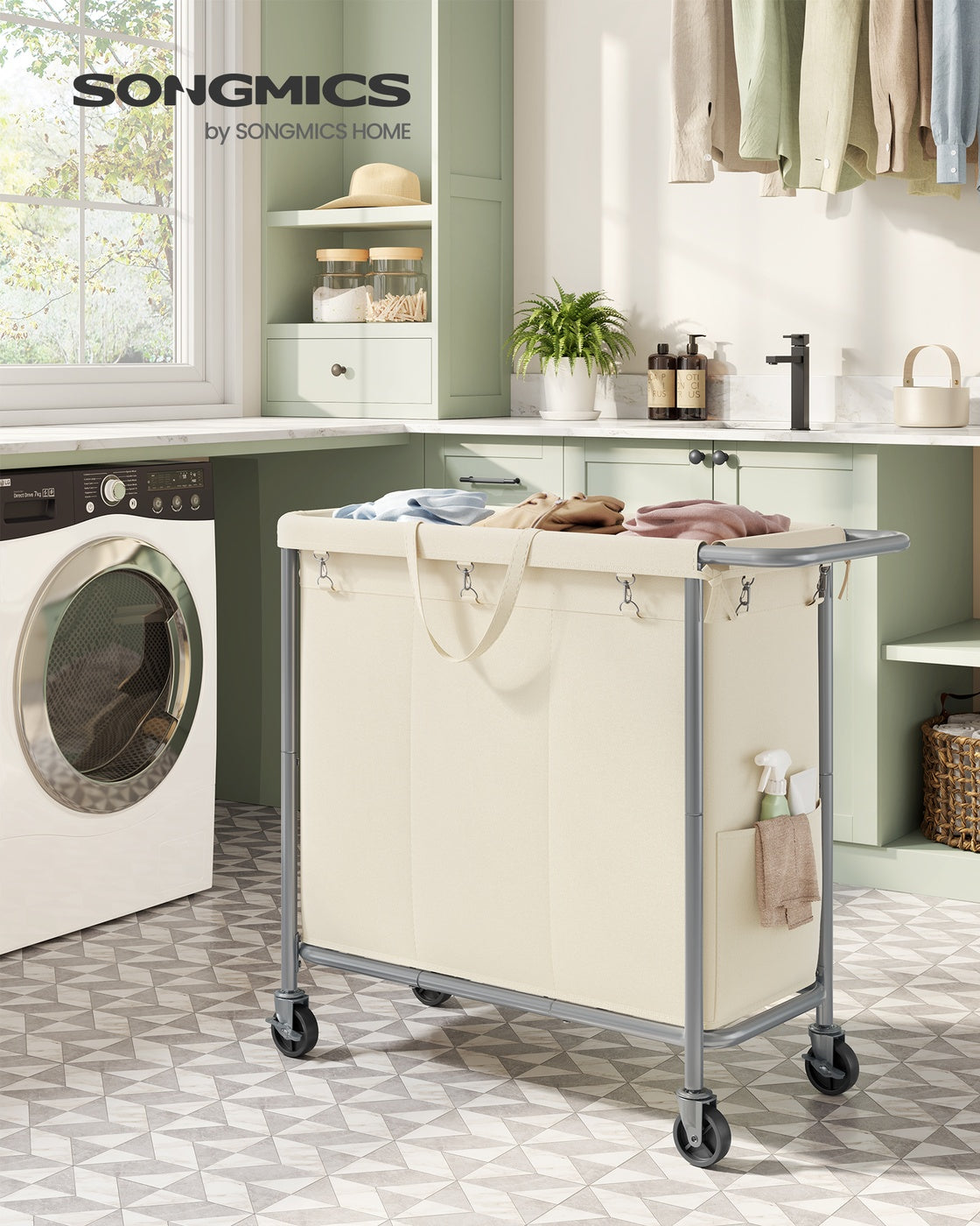 37 Gallons 2-Section Laundry Basket with Wheels with Removable Liner and Handle Cream White - image 9