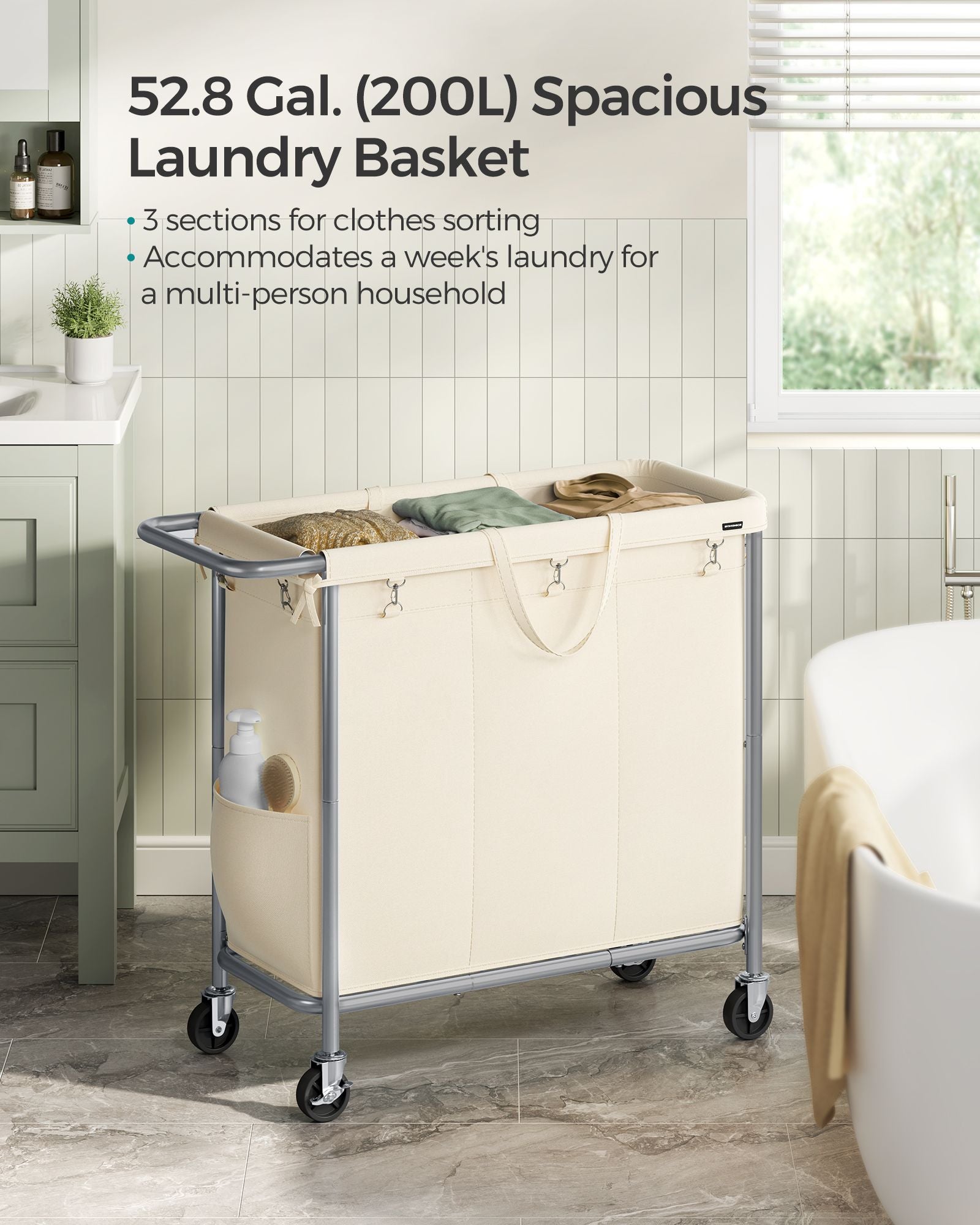 3-Section Laundry Basket with Wheels, 52.8 Gallons (200L) - HWLEXTRA 