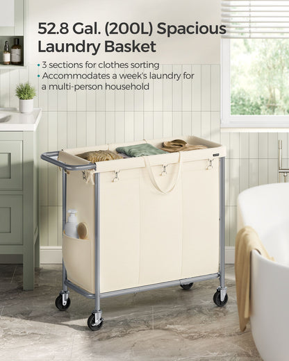 3-Section Laundry Basket with Wheels, 52.8 Gallons (200L) - HWLEXTRA 