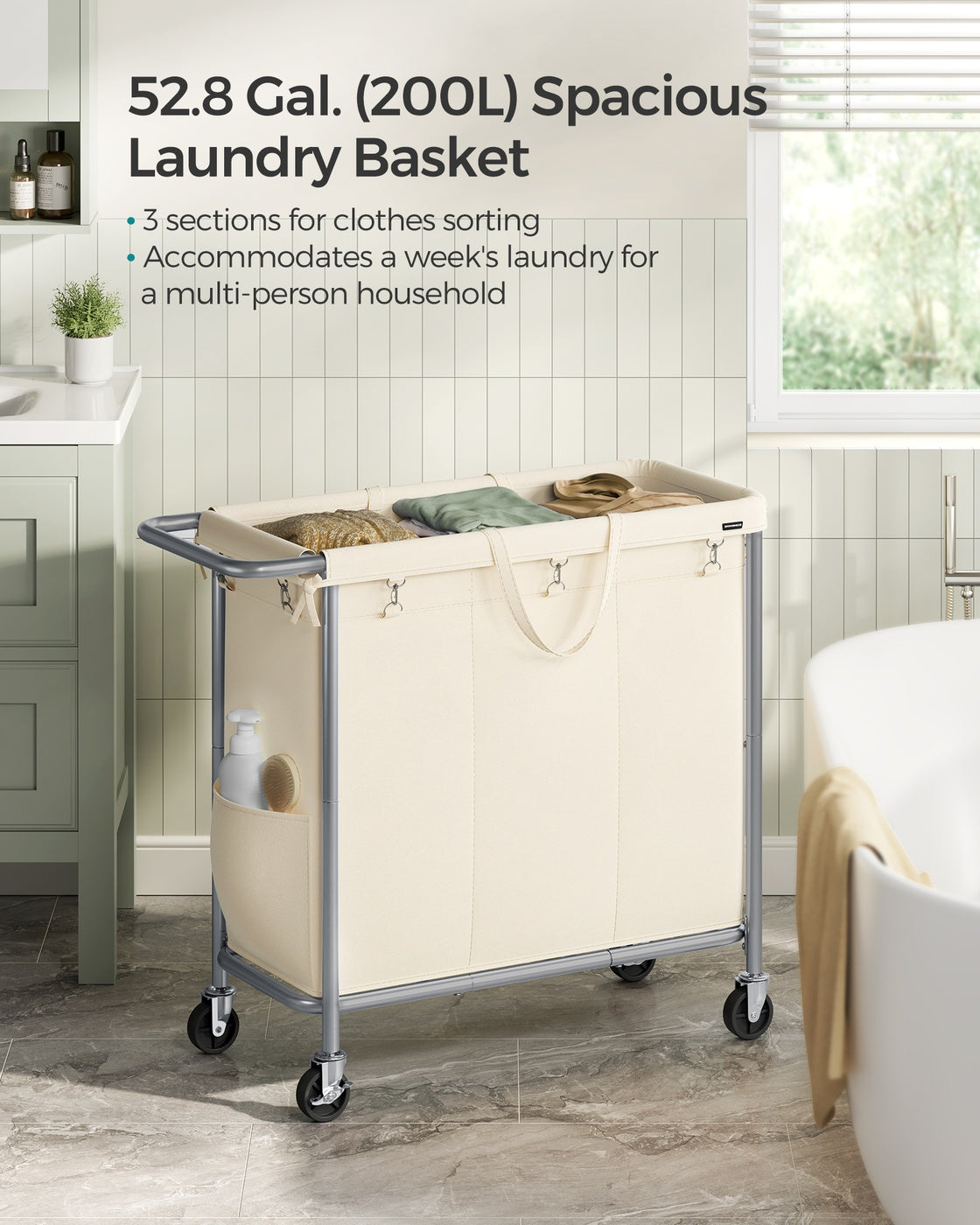37 Gallons 2-Section Laundry Basket with Wheels with Removable Liner and Handle Cream White - image 10