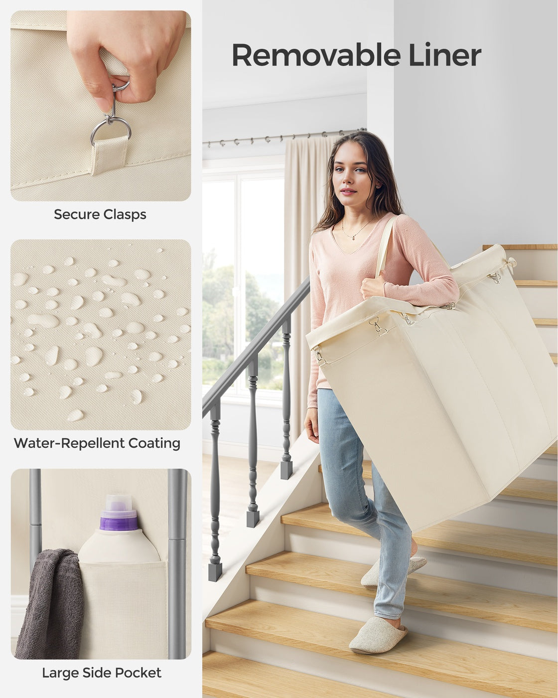 37 Gallons 2-Section Laundry Basket with Wheels with Removable Liner and Handle Cream White - image 11