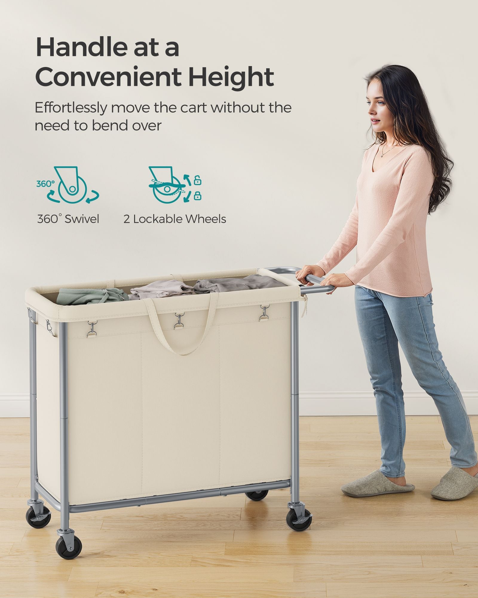 3-Section Laundry Basket with Wheels, 52.8 Gallons (200L) - HWLEXTRA 