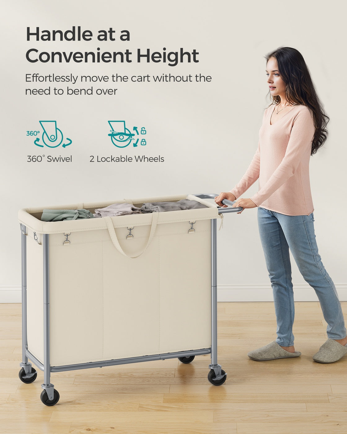 37 Gallons 2-Section Laundry Basket with Wheels with Removable Liner and Handle Cream White - image 13