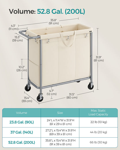 3-Section Laundry Basket with Wheels, 52.8 Gallons (200L) - HWLEXTRA 