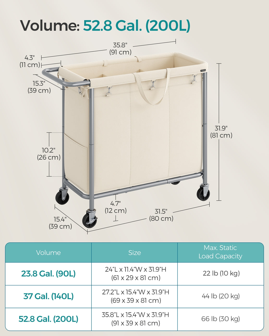 37 Gallons 2-Section Laundry Basket with Wheels with Removable Liner and Handle Cream White - image 14