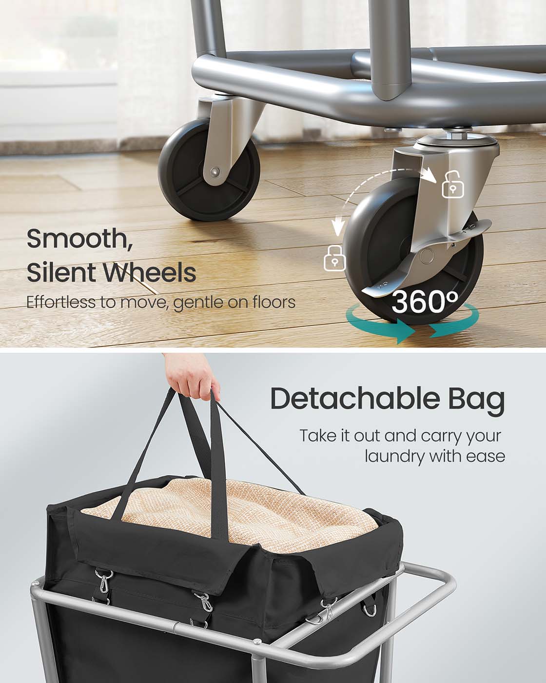 Laundry Basket with Wheels, 34.3 Gallons (130 L), Ink Black