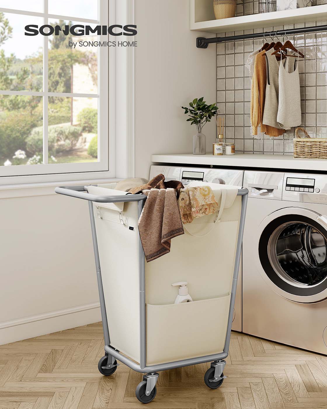 Laundry Basket with Wheels, 34.3 Gallons (130 L), Cream White