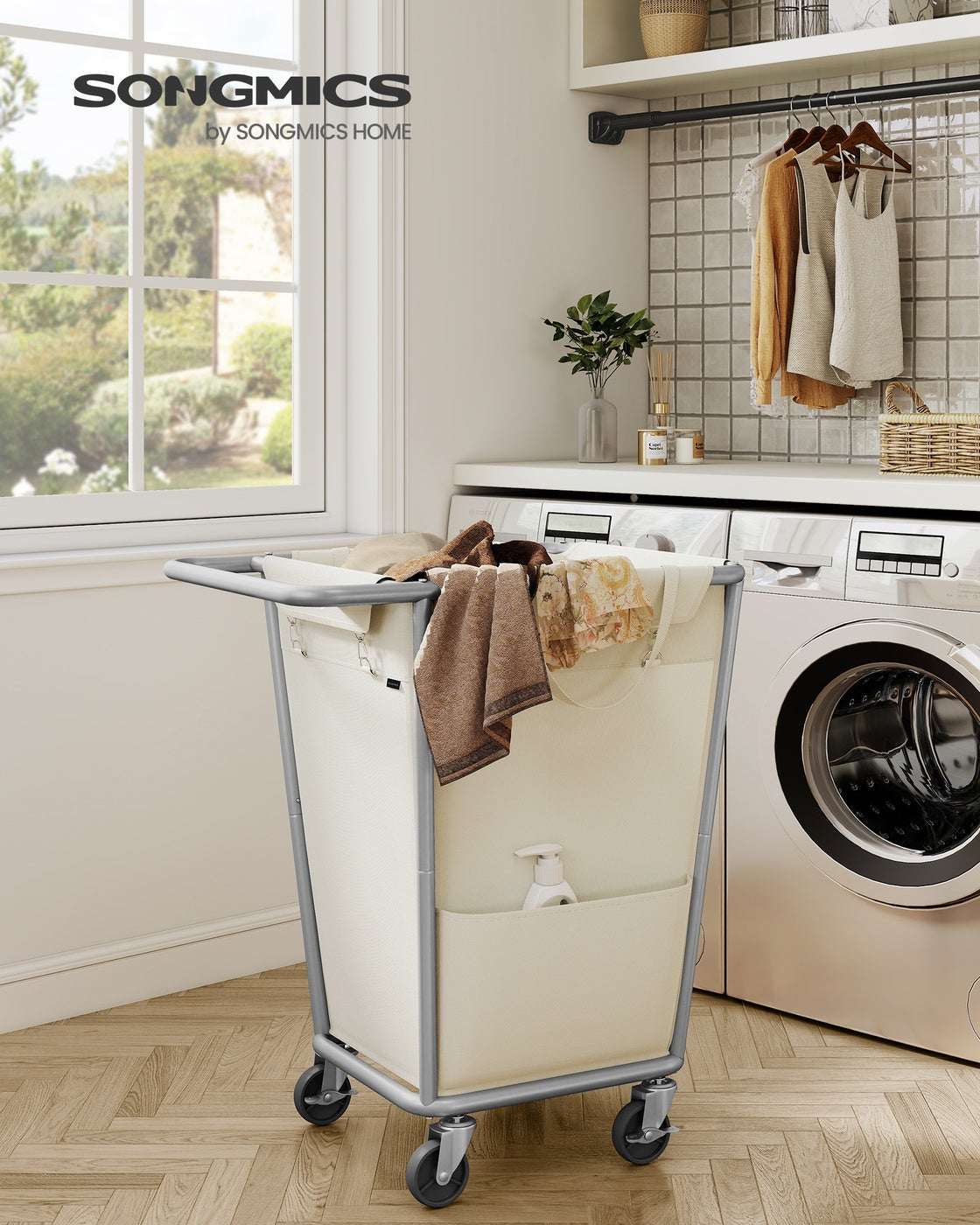34.3 Gallons Rolling Laundry Hamper with Removable Bag Cream White - image 2