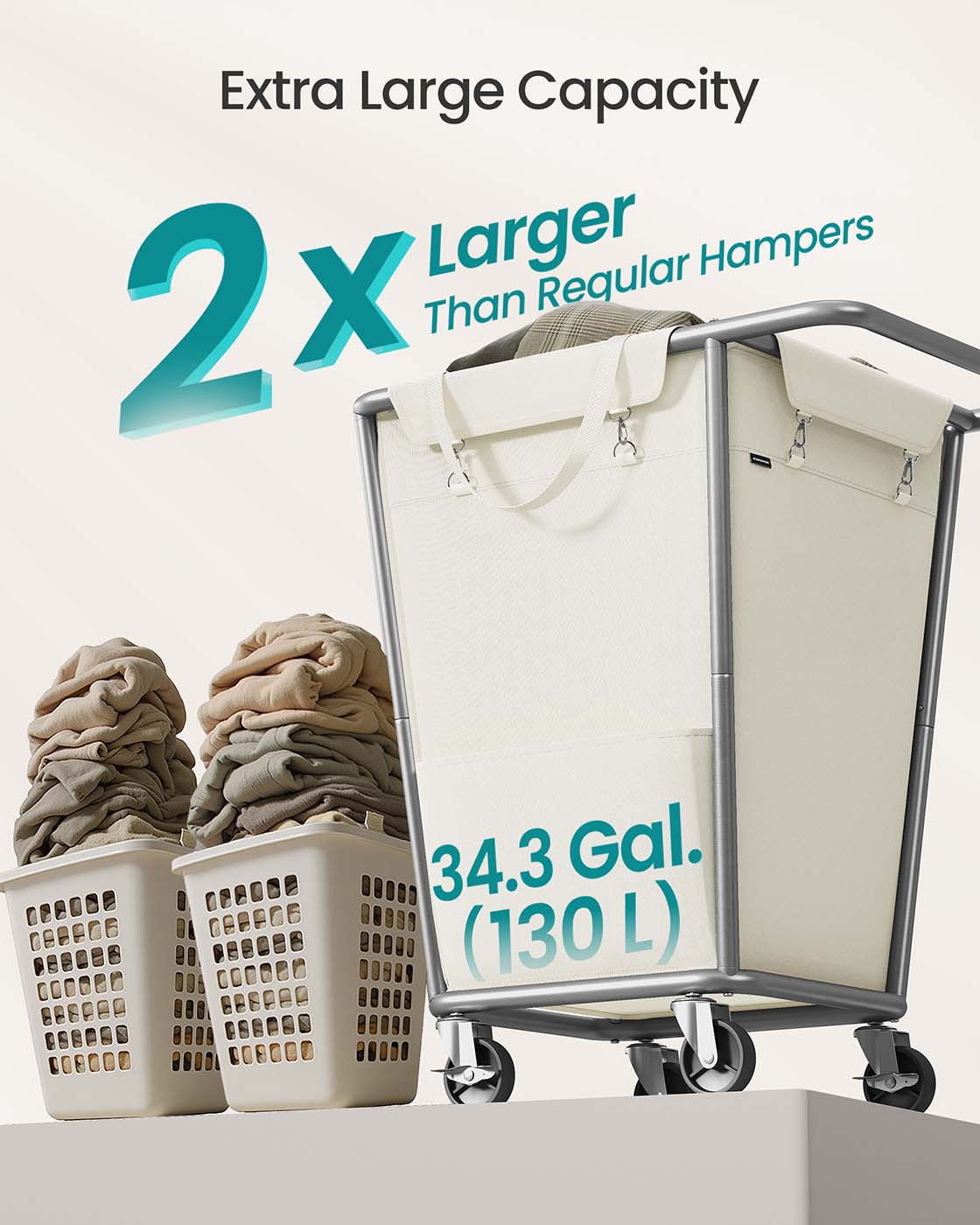 34.3 Gallons Rolling Laundry Hamper with Removable Bag Cream White - image 3