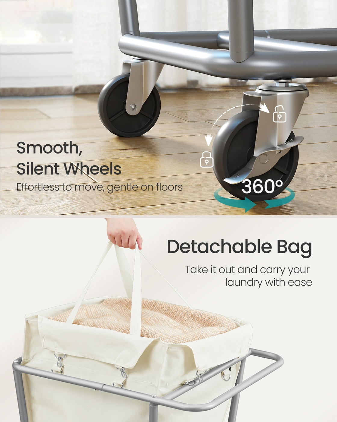 34.3 Gallons Rolling Laundry Hamper with Removable Bag Cream White - image 5