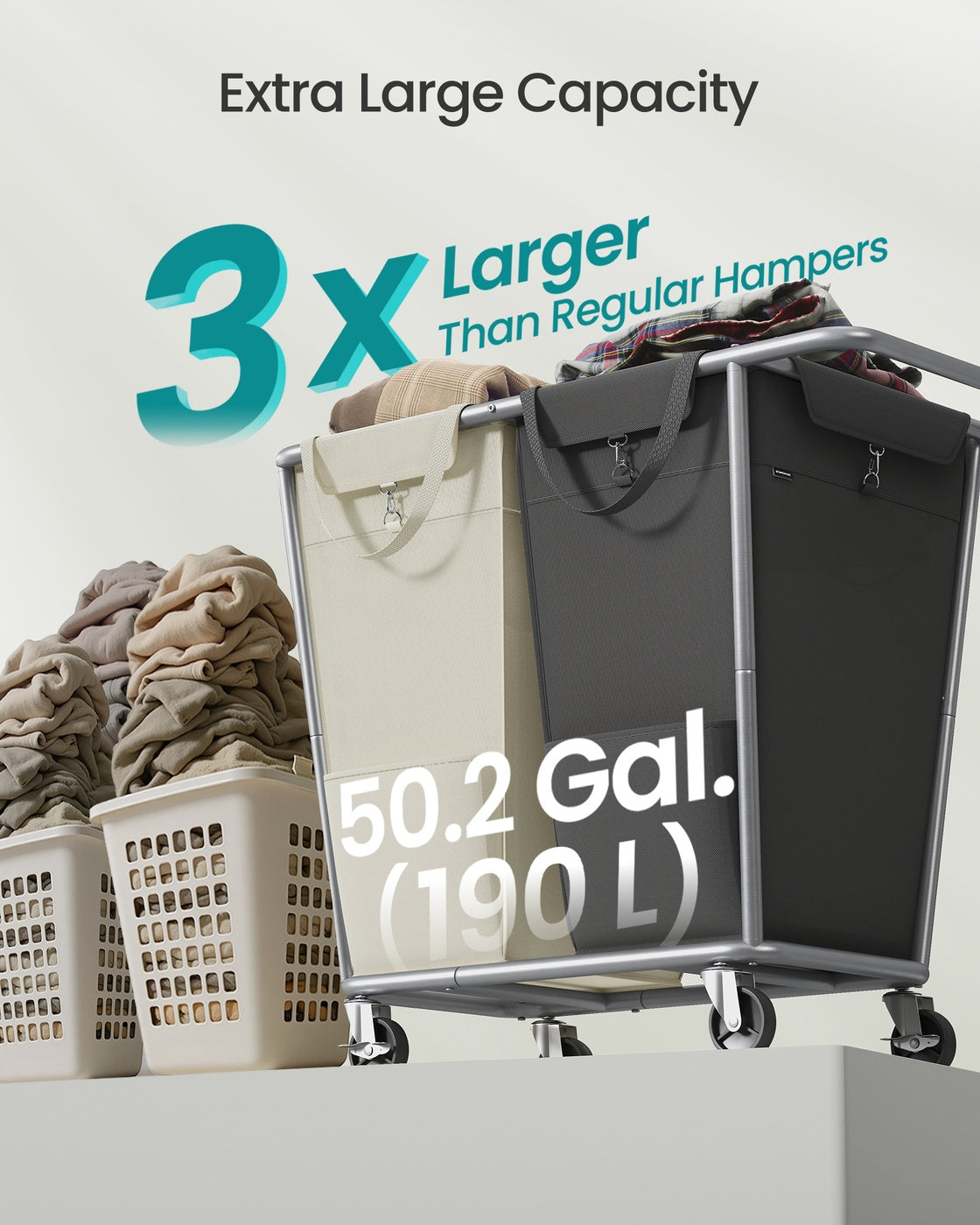 34.3 Gallons Rolling Laundry Hamper with Removable Bag Cream White - image 21