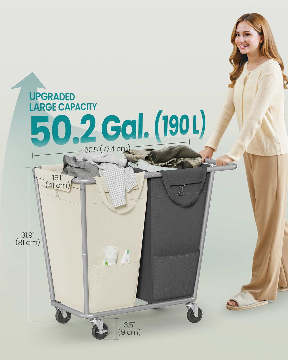 34.3 Gallons Rolling Laundry Hamper with Removable Bag Cream White - image 24