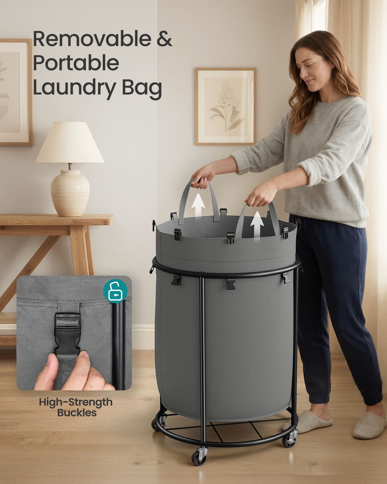 Laundry Basket with Wheels, Rolling Laundry Hamper with Steel Frame - image 8