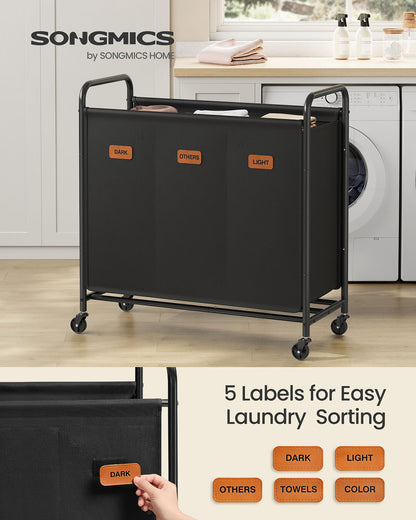 Laundry Hamper with Wheels 3-Section 44.9 Gal. Ink Black
