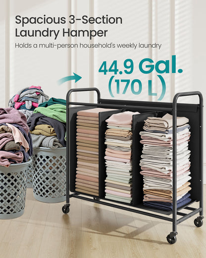 Laundry Hamper with Wheels 3-Section 44.9 Gal. Ink Black