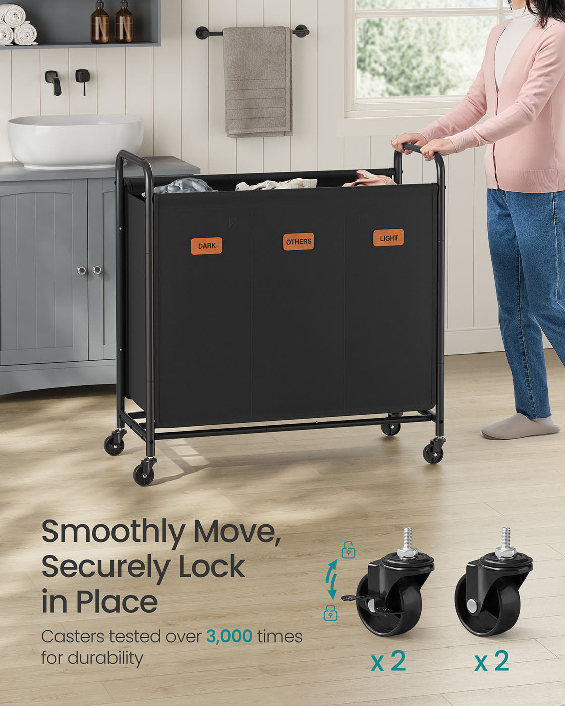 Laundry Hamper with Wheels 3-Section 44.9 Gal. Ink Black
