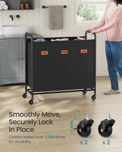 Laundry Hamper with Wheels 3-Section 44.9 Gal. Ink Black