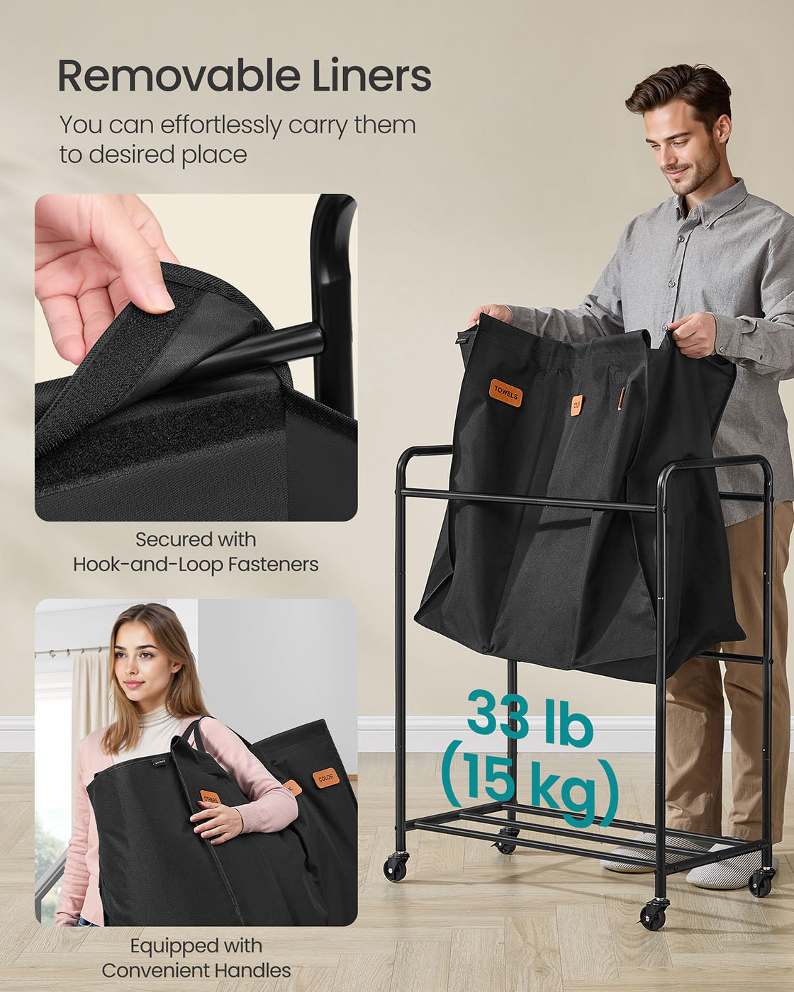 Laundry Hamper with Wheels 3-Section 44.9 Gal. Ink Black