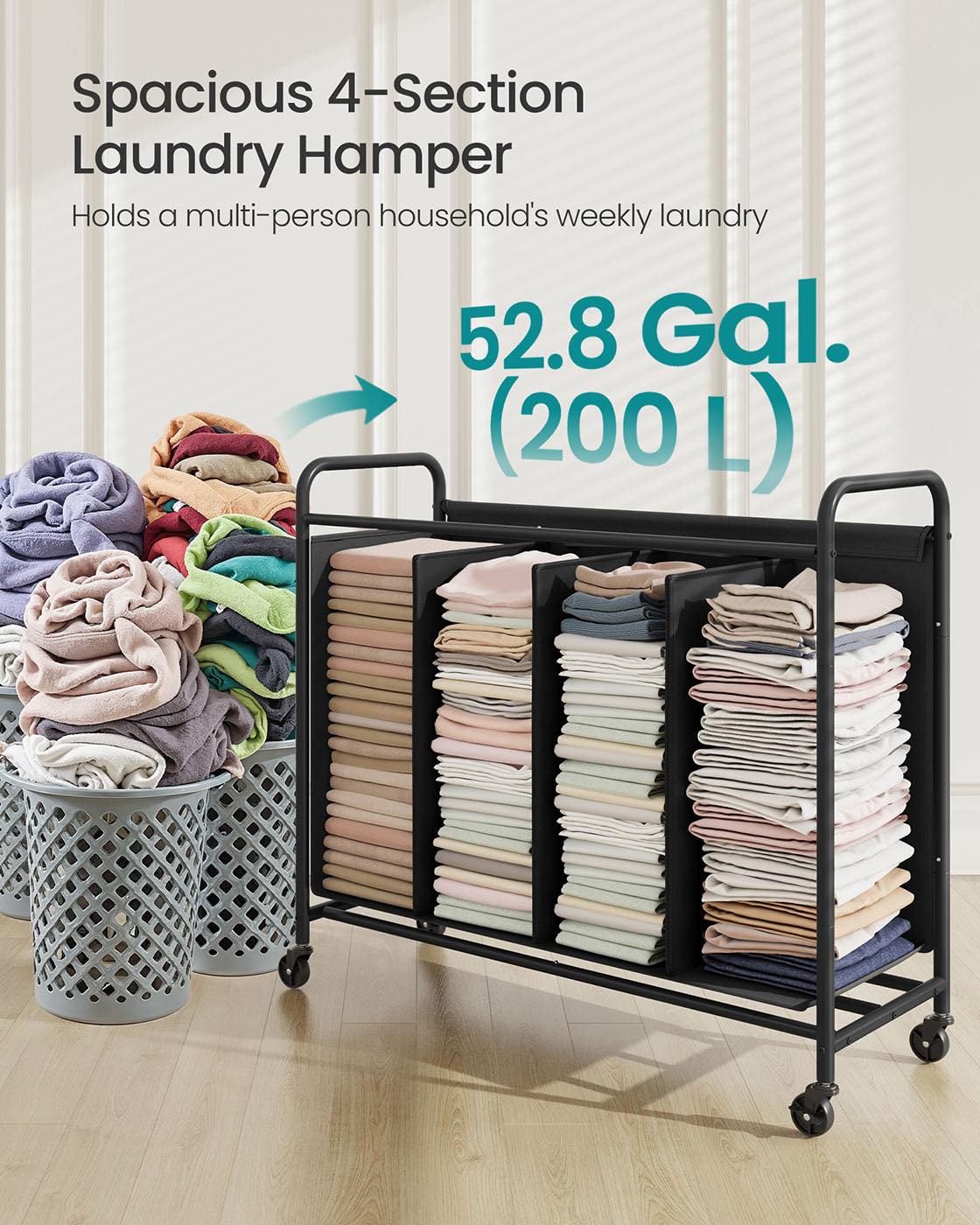 Laundry Hamper with Wheels 4-Section 52.8 Gal. Ink Black - HWLEXTRA 