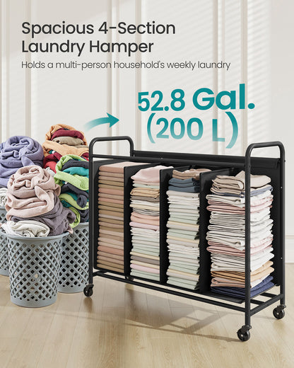 Laundry Hamper with Wheels 4-Section 52.8 Gal. Ink Black - HWLEXTRA 