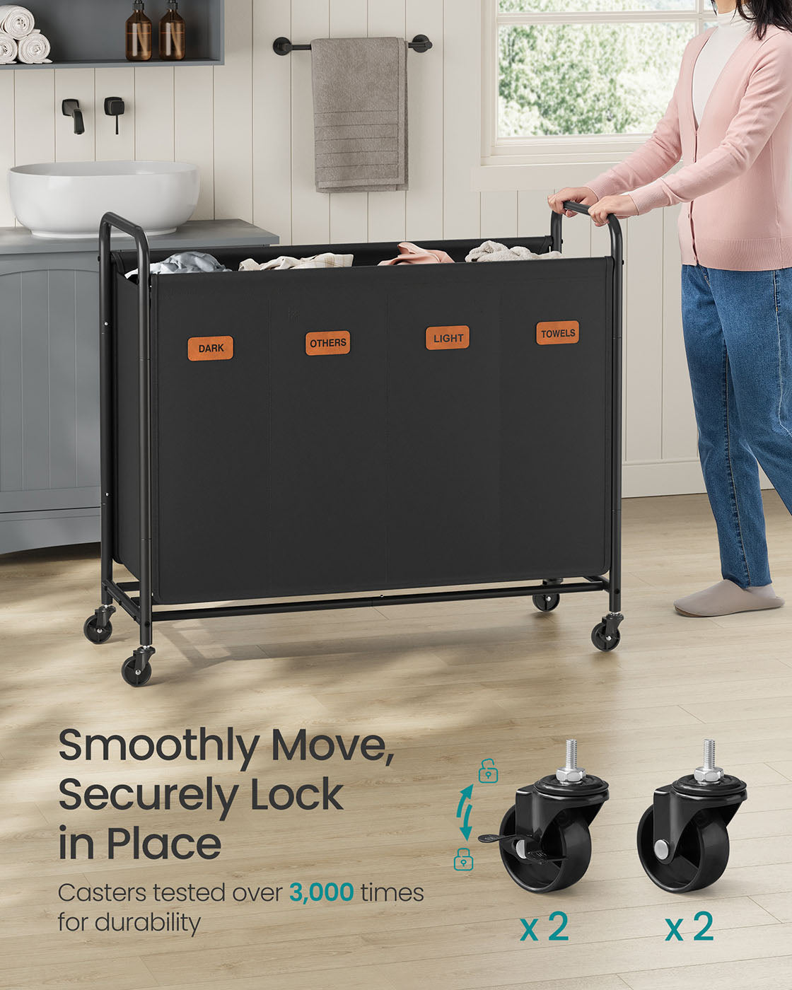 Laundry Hamper with Wheels 4-Section 52.8 Gal. Ink Black - HWLEXTRA 
