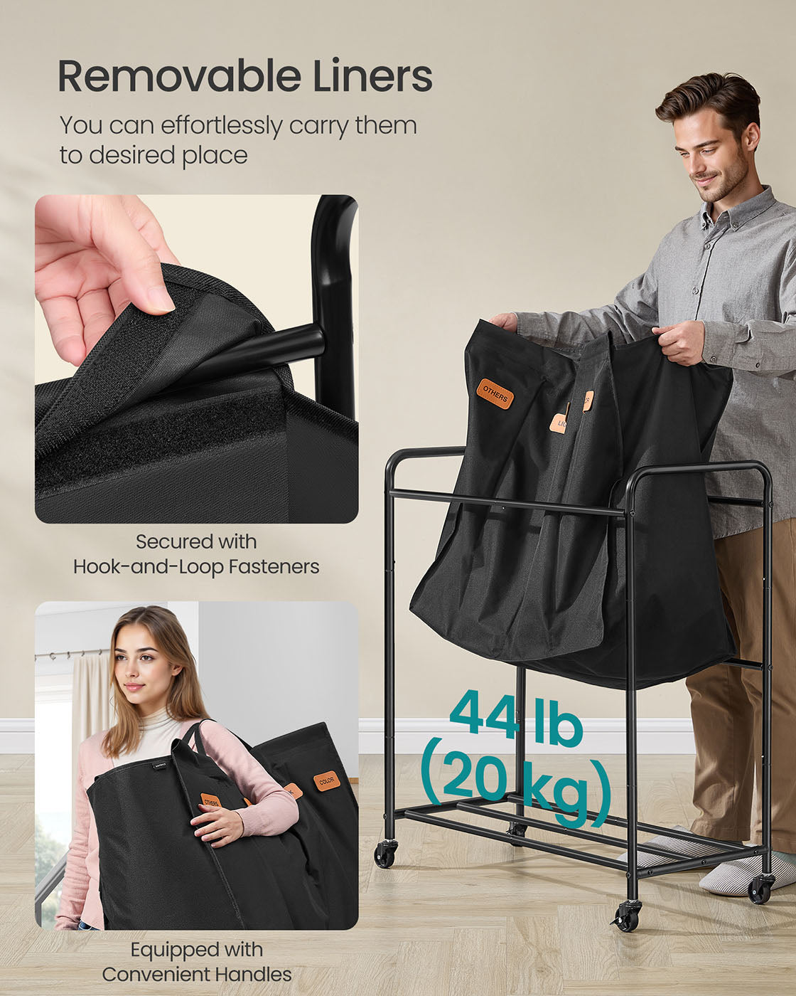 Laundry Hamper with Wheels 4-Section 52.8 Gal. Ink Black - HWLEXTRA 