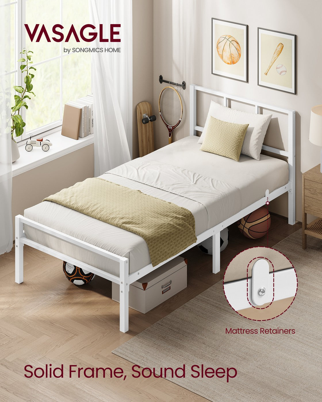 Bed Frame, 90 x 190 cm, with Slats and Headboard, Matte White - image 2