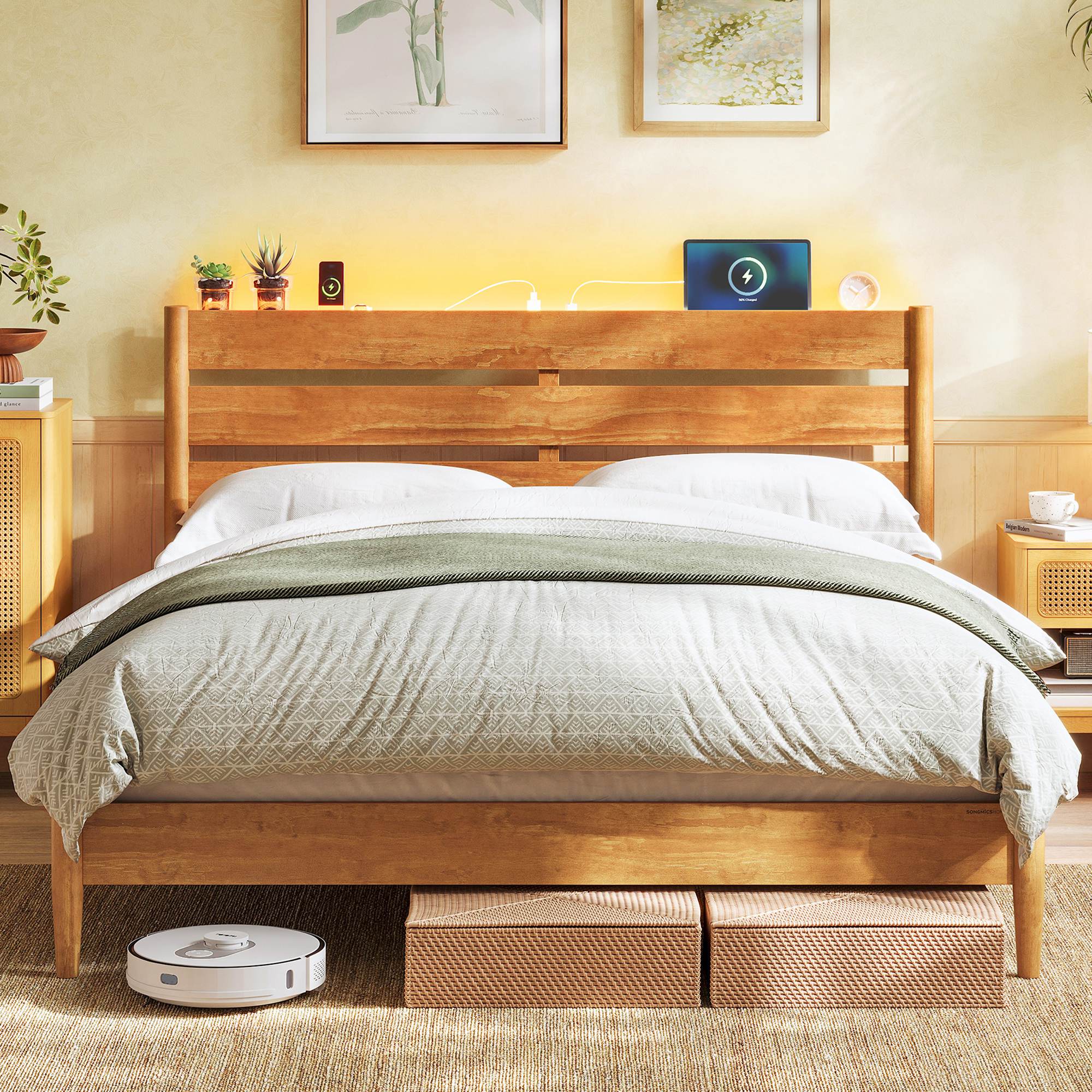Queen Bed Frame with Headboard, LED Lights, Charging, Storage, Caramel Brown