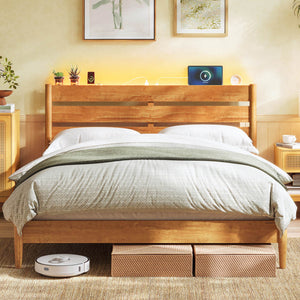 Queen Bed Frame with Headboard, LED Lights, Charging, Storage, Caramel Brown